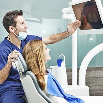 Dentist and patient looking at intraoral photos