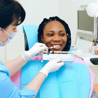 Dentist holding shade guide next to woman’s teeth