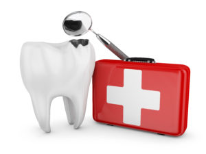 A diagram of a damaged tooth and first-aid kid.