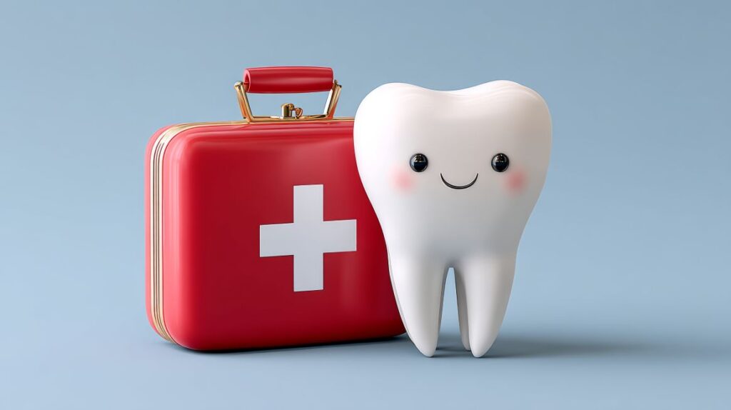 An AI image of a smiling tooth next to a dental emergency kit